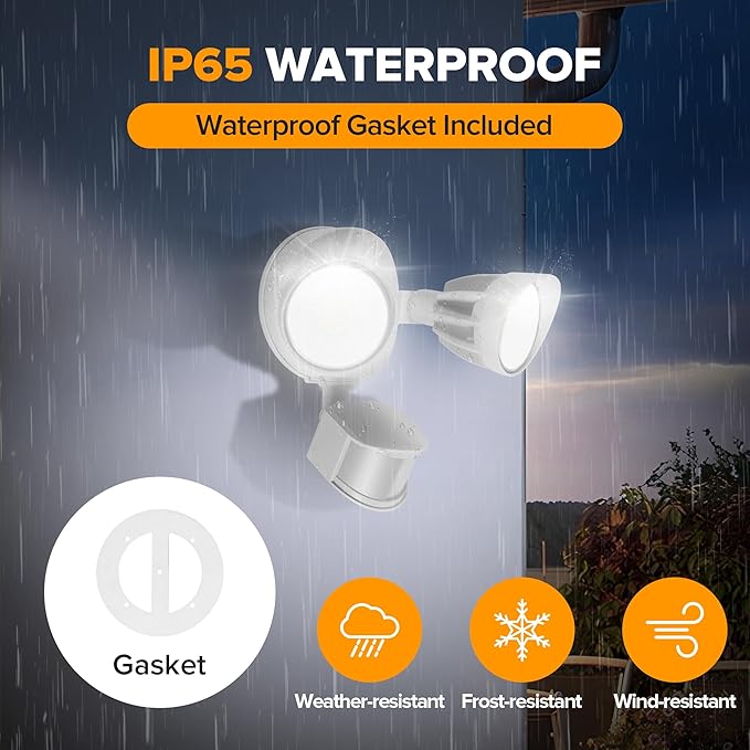 UME LED Security Light Motion Sensor Outdoor Lights, 27W 3000LM, 5000K, IP65 Waterproof, Dusk to Dawn, 2 Head Motion Detector Flood Light for Outside, Garage, Yard (White)
