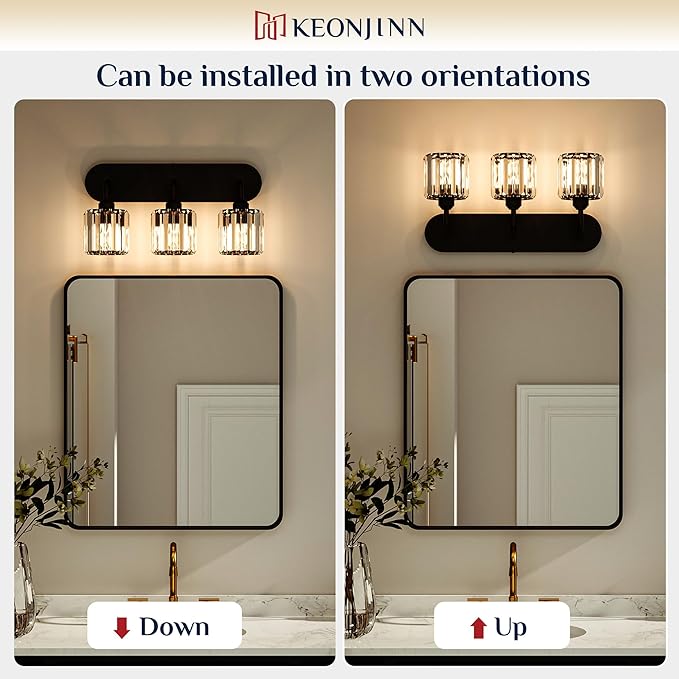Keonjinn 6-Light Bathroom Light Fixtures, Crystal Black Bathroom Vanity Lights Over Mirror, Vanity Lighting Fixtures with Crystal Square Shades (E26 Socket, Exclude Bulb)