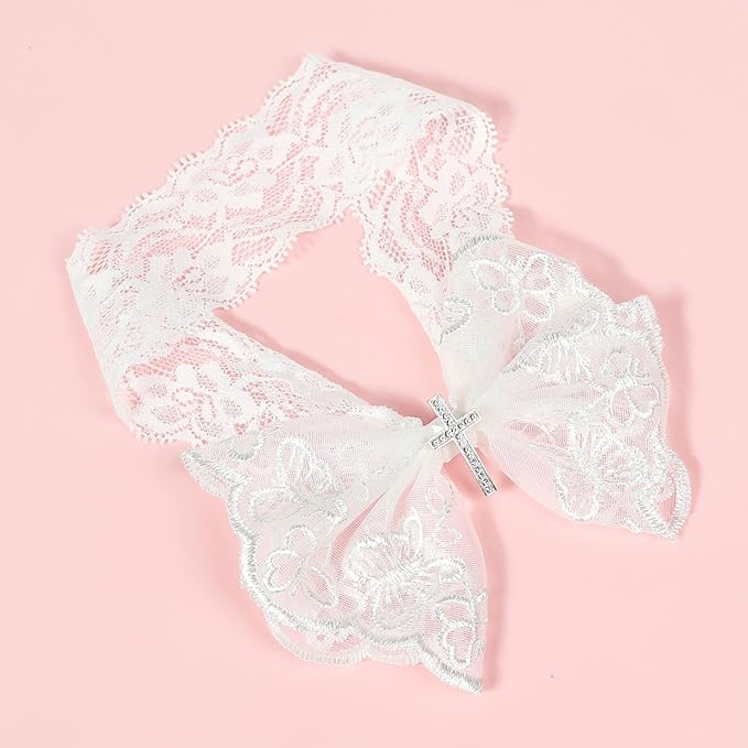 BBTDIN Baptism Christening Headbands Baby Girls Flower Lace Hair Hand White Bow BBG11 (B1-Bow with Cross)