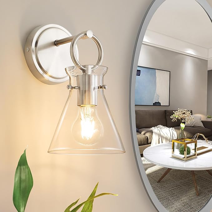 Wall Sconce for Bathroom Modern Vanity Light Fixtures Hardwired Wall Mount Lighting Lamp Farmhouse Wall Lights with 6" Clear Glass Shade for Bedroom Living Room, Brushed Nickel, 1 Pack