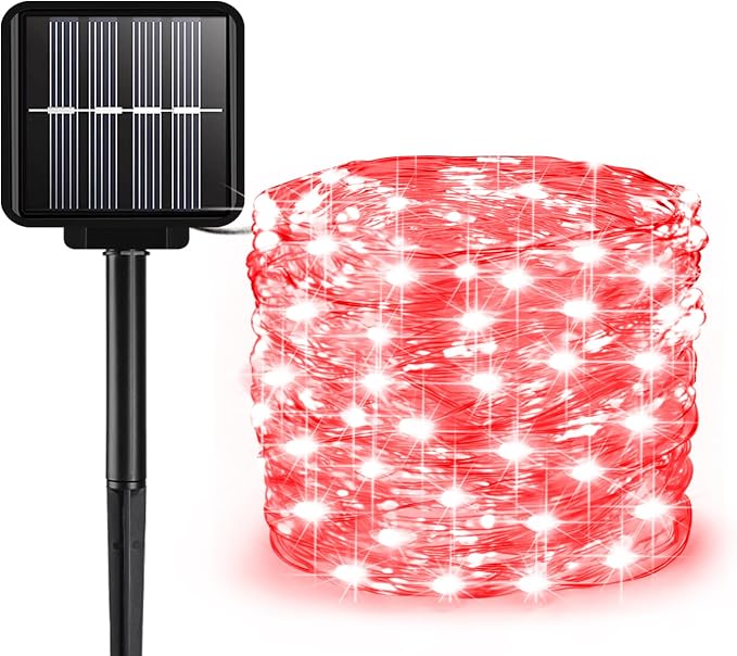 Solar String Lights Outdoor, 33 Feet 100 LEDs 8 Modes Solar Fairy Lights for Outside, Waterproof Outdoor Light for Patio Yard Christmas Tree Halloween Wedding Party Decorations, Red