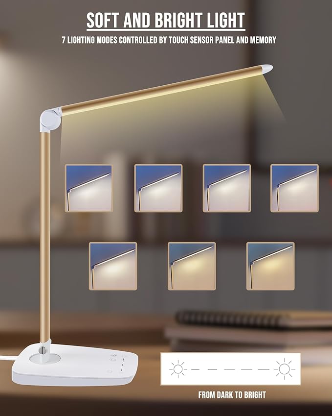 Lichamp Dimmable LED Desk Lamp with USB Charging Port, Touch Control Foldable Gooseneck Free Rotation Adjustable Eye Care Table Lamp, Bedside Reading Light with UL AC Adapter (Pink Gold)