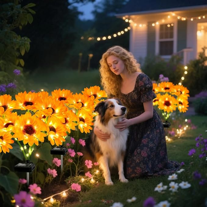 Solar Lights Outdoor, Gift for Women, Mom Grandma, 4 Pack with 24 Solar Sunflower Lights, Solar Flower Lights Waterproof, Sunflower Outside Decorative Stake Light for Landscape Yard Patio Lawn Pathway