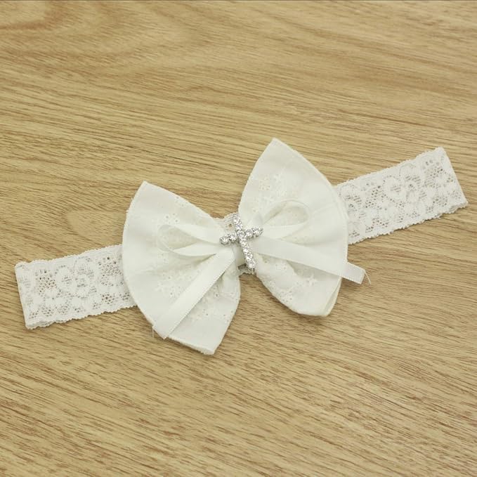 White Baby Bow Headband for Baptism Christening Satin Lace Hair Band with Cross for Toddler (A-off white bow headband, 6 months-2 years old)