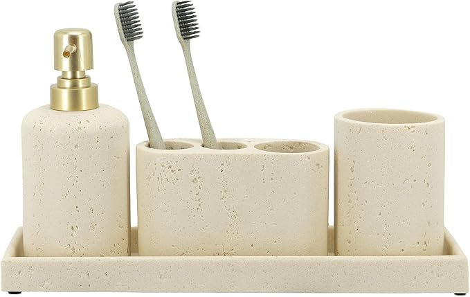 ZCCZ -Beige Bathroom Accessories Set 4 Pcs - Toothbrush Holder, Soap Dispenser, Vanity Tray, Bathroom Tumbler - Countertop Vanity Organizer - Bathroom Accessory Set- Toothbrush Holder Set, Stone Sets