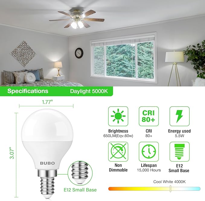 BUBO Ceiling Fan Light Bulbs, E12 LED Bulb 60W Equivalent, Small Base Bulbs 4000K Cool White, A15 Bulbs 120V, Candelabra Base LED Bulb 5.5W, 650LM, Non-Dimmable, 10 Pack