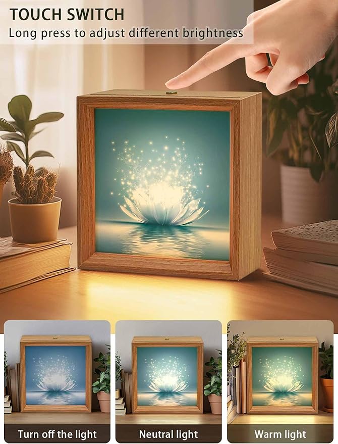 Wood Night Light Box 4.5x4.5in,Meditation Lotus Flower Table Lights Wooden Picture Frame with USB Rechargeable Touch LED Lights for Home Decor Desktop Display,Asian Zen Spiritual