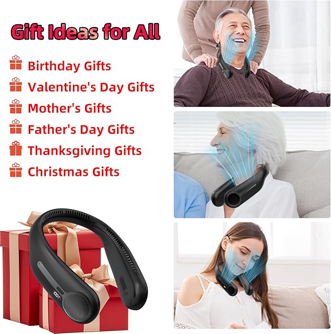 Portable Neck Fan,Hands Free Personal Wearable Bladeless Fan,6000mAh USB Rechargeable,360° Cooling,LED Display,4-Speeds,Birthday Gifts for Men Women Dad Mom,Valentines Day Gifts for Her Him (Black)