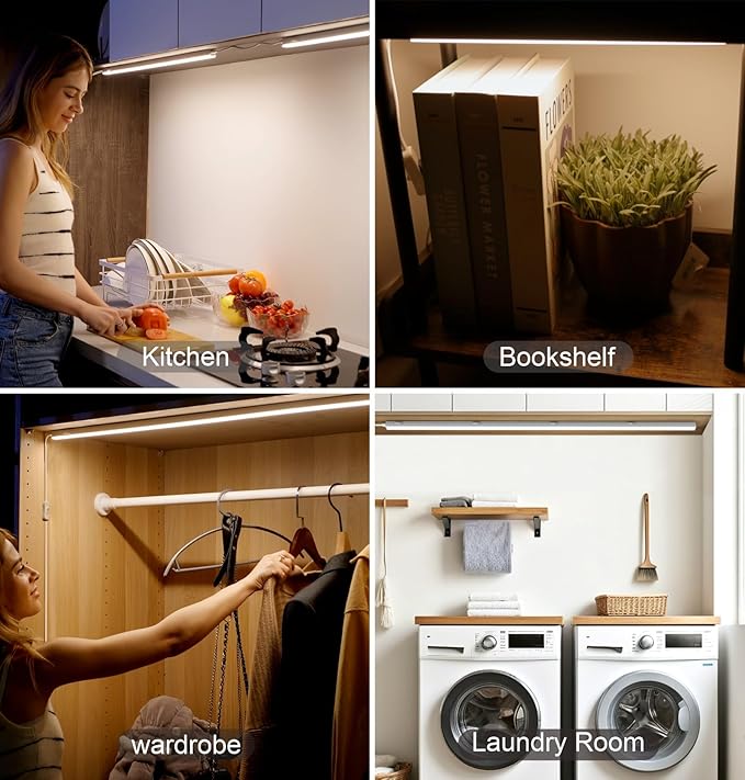 Leetdud Under Cabinet Lighting Plug in, 16 Inch 4 Pcs, Linkable AC120V 3CCT 3000K/4000K/5000K Ultra Slim, LED Under Cabinet Lights for Counter Light, Kitchen, Shelf, Sink, Workshop, Desk, White