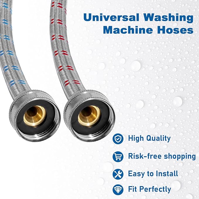Stainless Steel Washing Machine Hoses 6ft,Stainless Steel Washing Machine Hose Hot and Cold Striped Water Connection(2Packs),Universal Fit for All Standard Wash Machines-by MIFLUS