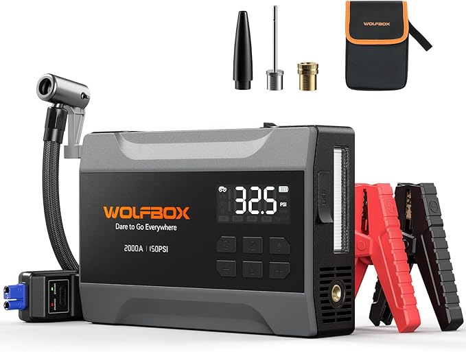WOLFBOX 2000A Jump Starter with Air Compressor, 10000mAh Car Battery Jumper Starter Portable (up to 5L Gas Engine) with 150PSI Tire Inflator, 12V Jump Box with Jumper Cables, Boost, LED Light