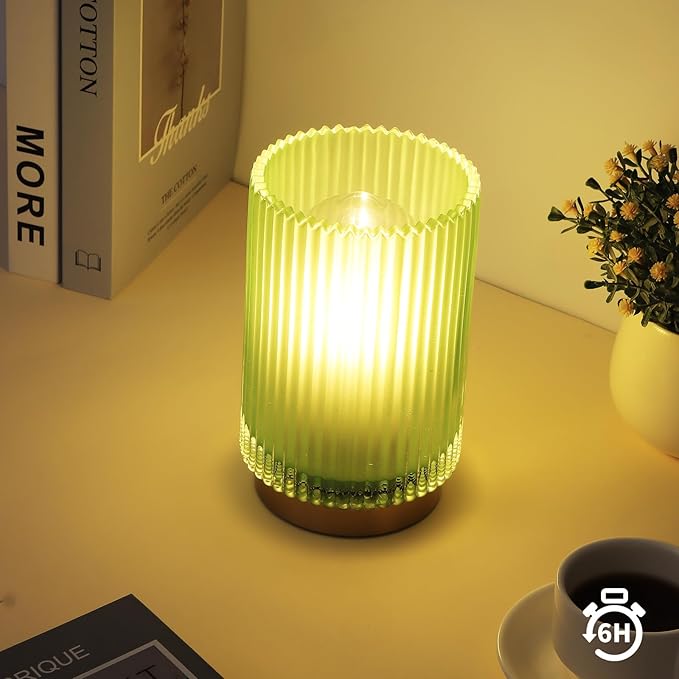 Battery Operated Lamp, Cordless Table Lamp with Timer, Desk Bedside Lamps with LED Warm Light, Glass Small Table Lamp for Bedroom, Bathroom, Living Room, Home Decor - Matte Green