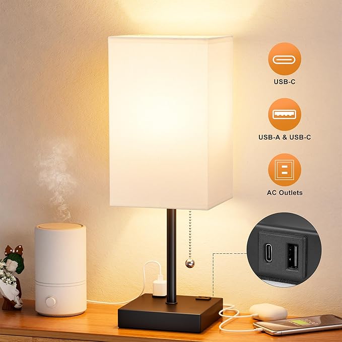 White Medium Table Lamp with USB Ports - 3 Color Temperature Bedside Lamp for Bedroom, Pull Chain Control, USB A and C Ports, 2 AC Outlets, Bulb Included