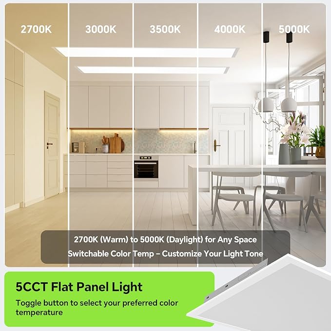 2x4 LED Flat Panel Light 50/40/35/30/25W 6500lm Adjustable, 0-10V Dimmable LED Flush Mount Ceiling Light Fixtures, 2.7K/3K/3.5K/4K/5K Selectable for Office Kitchen Garage - ETL Listed
