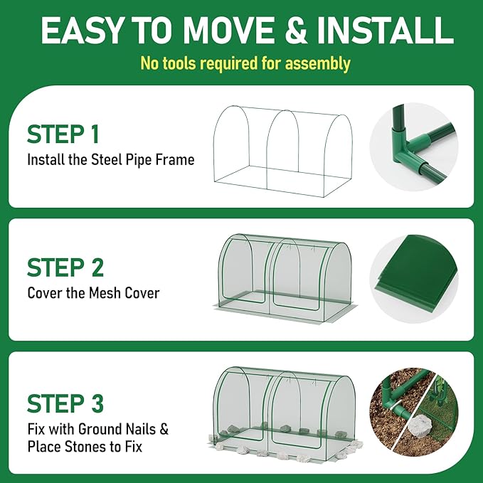 SPECILITE 122x72x72in Garden Plant Netting Mesh Cover for Raised Bed with Roll-up Zipper Door for Vegetables Fruits, Large Tunnel Gardening Net, Green