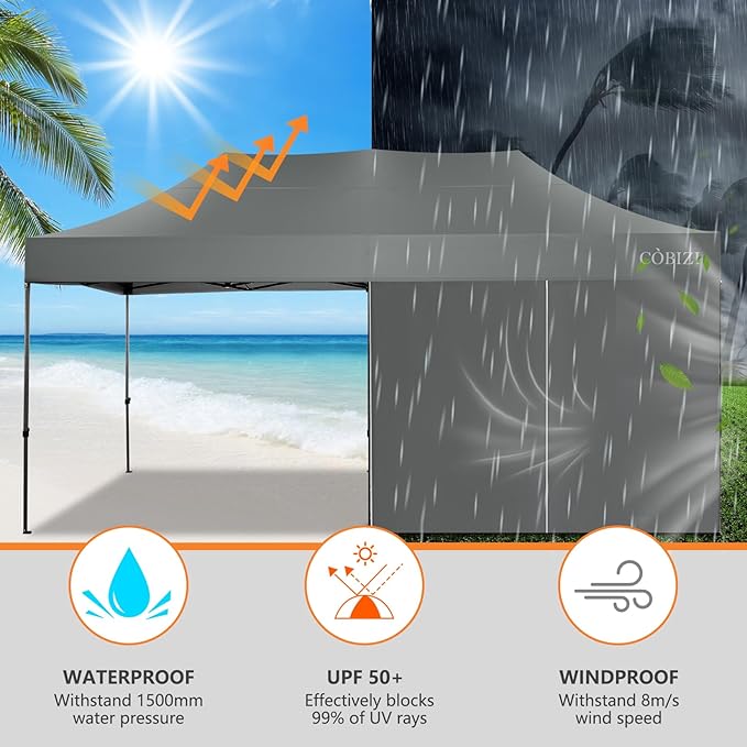 COBIZI 10x20 Pop up Canopy Heavy Duty Tent with 6 Sidewalls, Easy Set-up Commercial Outdoor Party Canopy, 100% Waterproof Wedding Gazebo, 3 Height Adjustable with Wheeled Bag,Gray