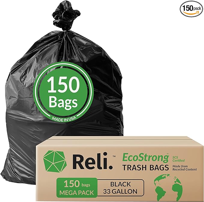 Reli. EcoStrong 33 Gallon Trash Bags | 150 Count Bulk | Black | Eco-Friendly |