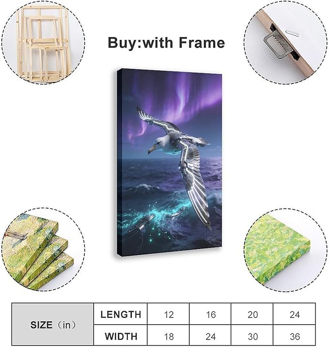 Framed Steampunk Mechanical Seagull Wall Art - Aurora Ocean Retro Poster for Bedroom Game Room Decor 20x30inch(50x75cm)