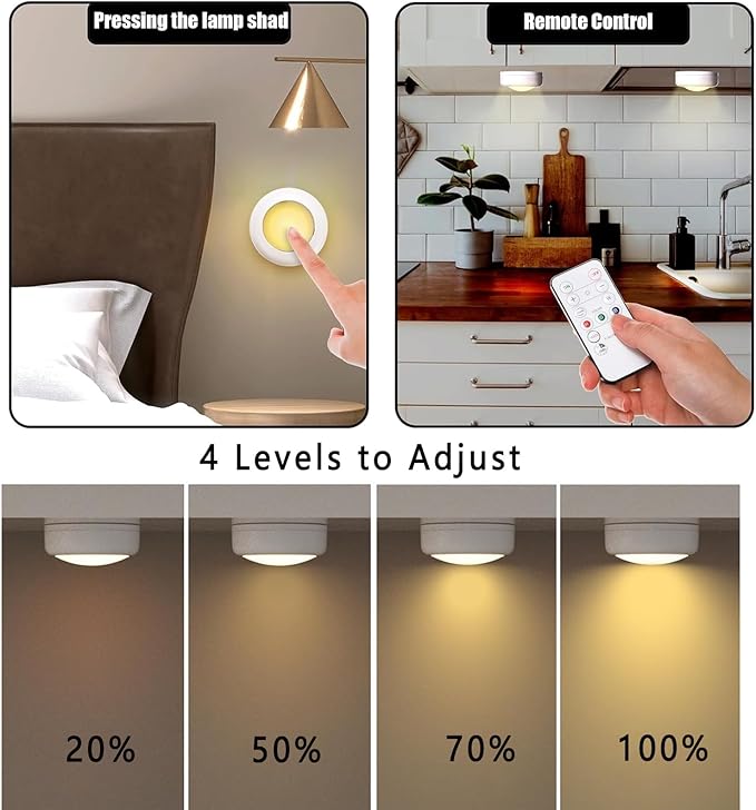 Hbaushun LED Puck Lights 6 Pack,16 Color Changeable Wireless LED Cabinet Lights,Battery Operated Night Light with Dimmer & Timmer for Bedroom,Closet, Kitchen,White