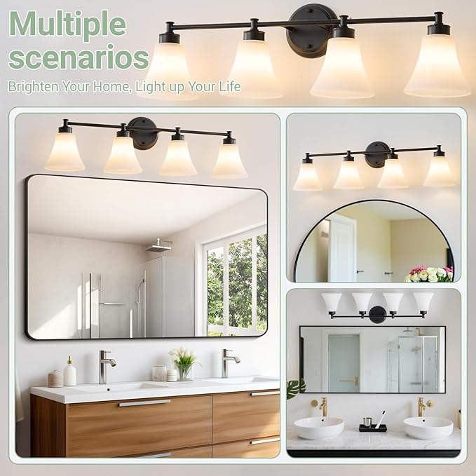 LOUSACE 4 Light Bathroom Vanity Light Matte Black Bathroom Lighting Fixtures Over Mirror with Opal White Frosted Glass Shade, Vintage Traditional Wall Lighting Fixture Vanity Lights for Bedroom