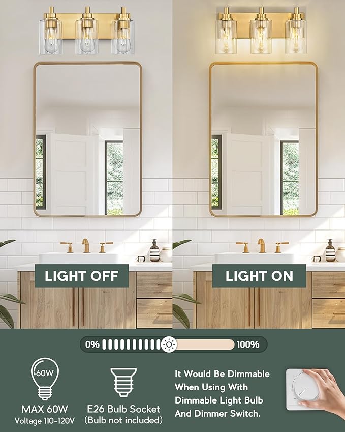 3-Light Bathroom Light Fixtures, Brushed Gold Vanity Light with Cylinder Clear Glass Shade, Modern Vanity Lighting Fixtures Over Mirror, VL143-BG-3