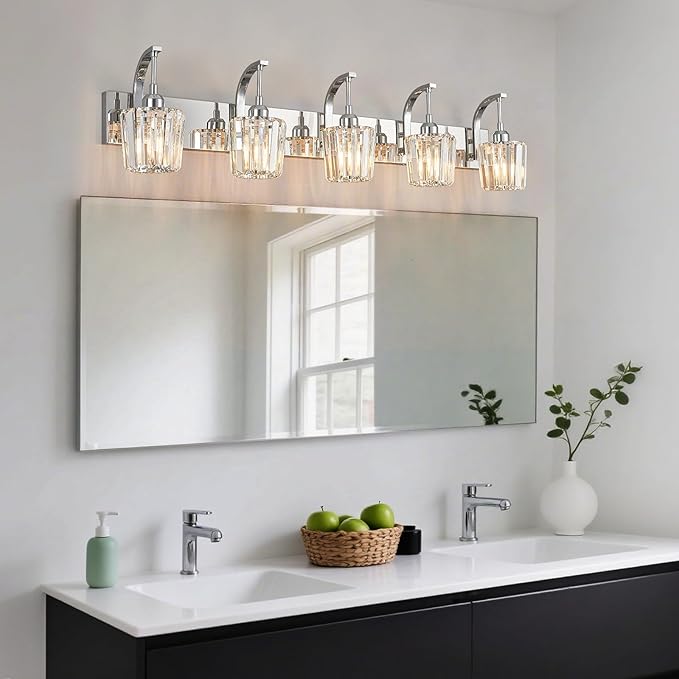 Modern Bathroom Vanity Light, 5-Light Chrome Wall Sconce with Crystal Accents, Over Mirror Bathroom Lighting Fixture, 42.52" Long Dimmable Vanity Lamp for Makeup, Easy Installation