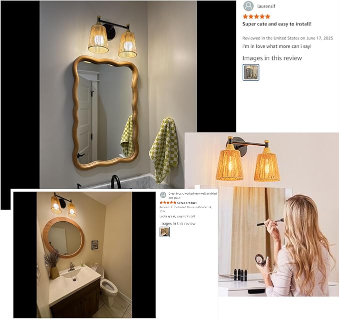 2-Light Bathroom Vanity Light, Boho Bathroom Light Fixtures Over Mirror Rattan Vanity Lighting Fixtures with Hand-Woven Lampshade Rustic Style Wall Sconce for Bedroom Living Room