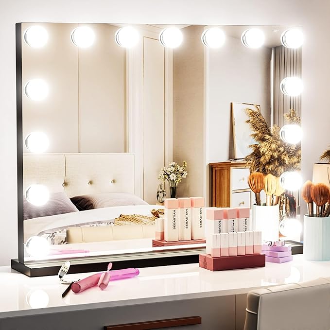 Vanity Mirror with Lights, 15 Dimmable LED Bulbs Large Hollyhood Makeup Mirror, Light up Mirror with 10X Magnification and USB Charging Port, Smart Touch 3 Colors, Metal Frame