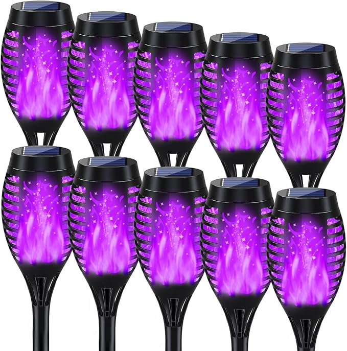 Outdoor Halloween Decorations, 10Pack Purple Flickering Flame Solar Torch Light for Yard Decorations, Waterproof Halloween Lights Outdoor, Solar Lights for Outside Decor Garden Patio Lawn Path Scary