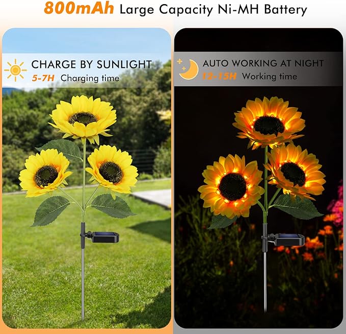 Meagoo Solar Sunflower Lights, 800mA Solar Garden Light with Real Looking Flowers Outdoor Waterproof Solar Stake Lights for Back Yard, Flower Bed, Pathway, Patio, Porch, Spring Decoration (2 Pack)