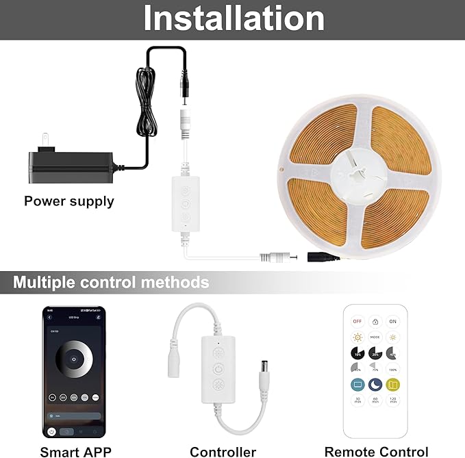 COB LED Strip Light 6000K, 24ft Dimmable White LED Strip Light, CRI92+, DC24V Tape Light with RF Remote, Timer Function, Bluetooth App Control for Home Bedroom Kitchen DIY Lighting.