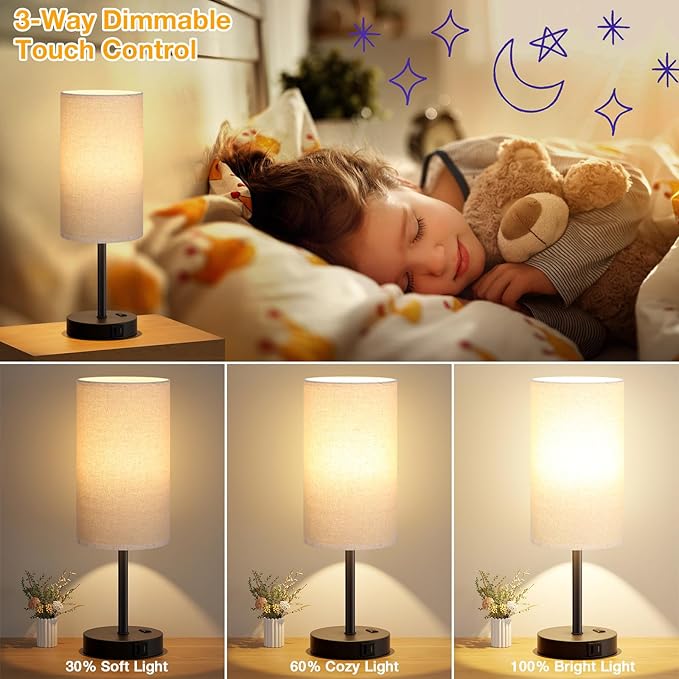 Dicoool Tall Touch Bedside Table Lamp with USB - 3 Way Dimmable Black Lamps for Bedroom Nightstand, Desk Lamp with Black Charging Station for Dorm, Office, Kids Room