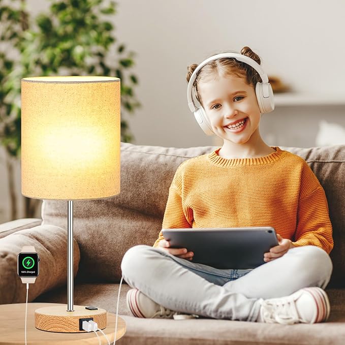 Lynnoland Set of 2 Touch Wood Table Lamps, Bedroom Lamps with 2 USB AC Outlet, 3-Way Dimmable Bedside Nightstand Lamps for Bedroom Living Room Nursery, 800 Lumens 2700K Bulbs Included