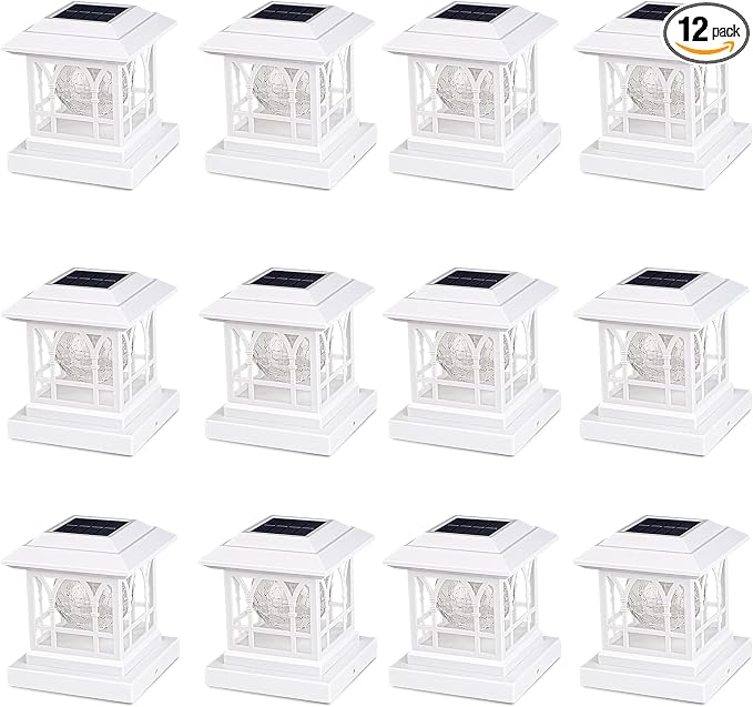 Solar Post Cap Lights, Warm White & RGB Automatic Cycling, Cracked Glass Bulb, 20 Lumens lP65 Waterproof Fit 3.6x3.6 4x4 4.5x4.5 5x5 Wood Fence Post Solar Powered Lights White (12 Pack)