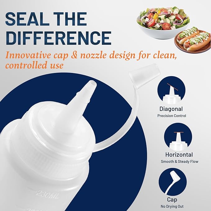 8 oz Squeeze Bottles for Sauces, Plastic Condiment Squeeze Bottles for Liquids, Ketchup, Squirt Bottle for Dressing, Sauce Bottle for Syrup, Oil, Dressing, Mustard, Pancake Batter - 6 Pack