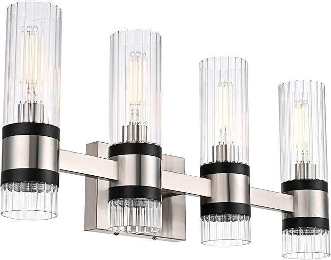 MELUCEE Bathroom Light Fixtures Over Mirror 4 Lights Brushed Nickel Vanity Lights with Ribbed Clear Glass Shade Farmhouse Wall Mount Lamp for Bath Kitchen Bedroom Hallway, E12 Base