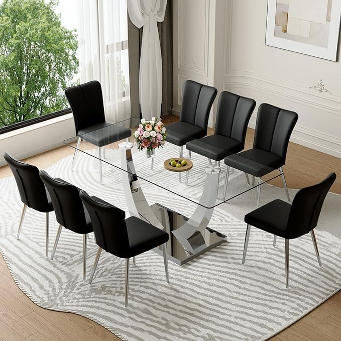 Glass Dining Room Table Set for 8,Kitchen Table Set with 8 PU Leather Chairs,71'' Tempered Glass Dining Table Set with Silver U-Shaped Table Legs and Rectangular Base