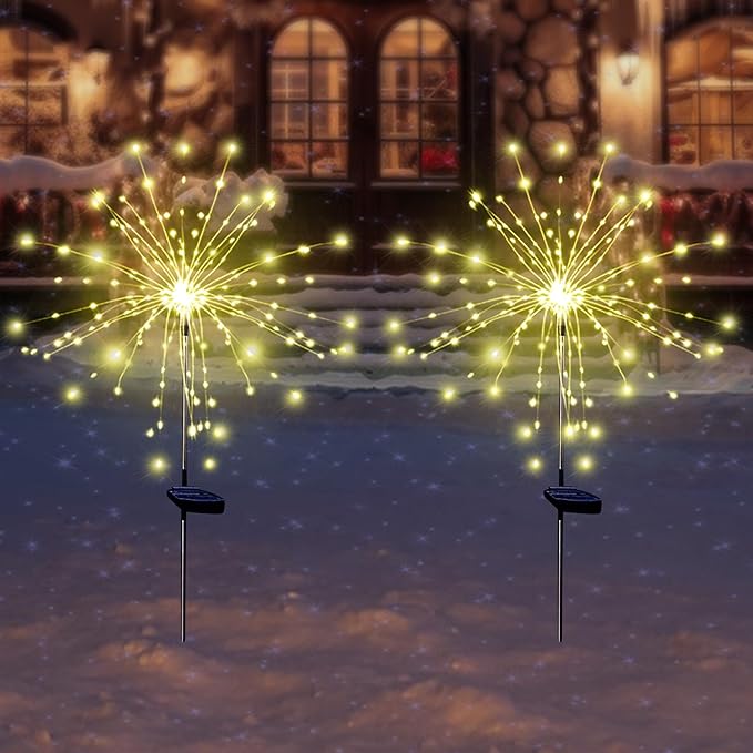 Solar Garden Firework Lights, 4 Pack, Waterproof, 120 LED, Outdoor, Warm White, Pathway, Patio, Party Decorations
