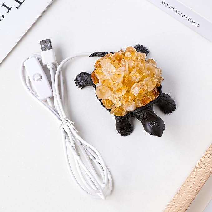 Runyangshi Natural Yellow Tooth Turtle Night Lamp Healing Crystal Bedroom Bedside Table Lamp USB Port Home Decor Women Men Gift