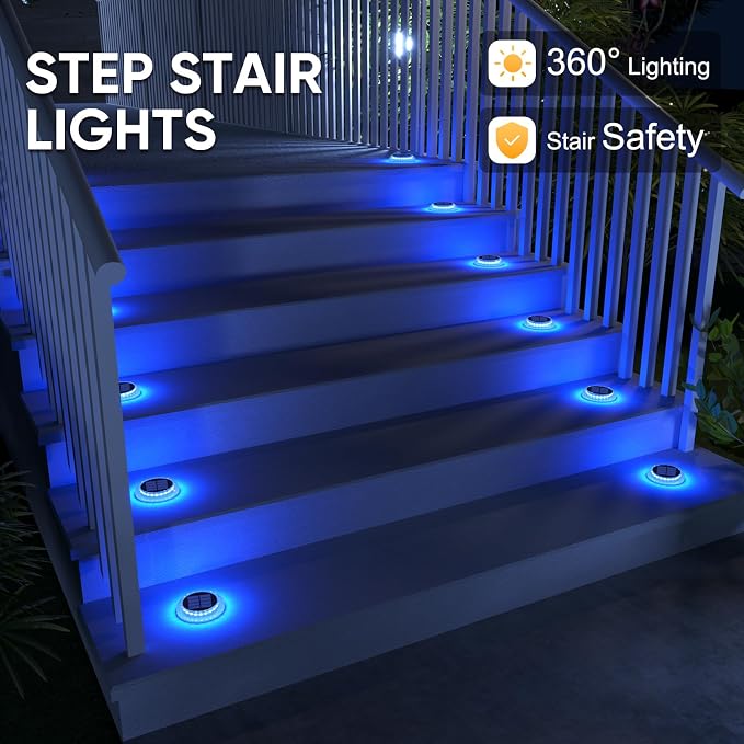 YiLaie Blue Solar Lights Outdoor Driveway Dock Deck Step Lights for Outside Solar Powered Waterproof Stick on Stair Boat Marker Walkway Pathway Sidewalk Yard Garden Warning Auto On/Off (6 Pack)