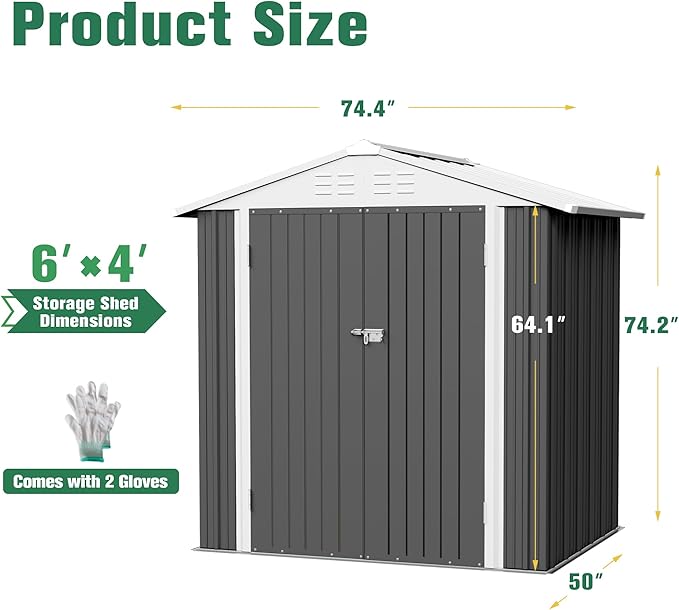 Flamaker 6x4 FT Storage Shed Waterproof Metal Garden Shed with Lockable Door Utility Tool Shed Outdoor Storage for Backyard, Patio and Lawn, Grey