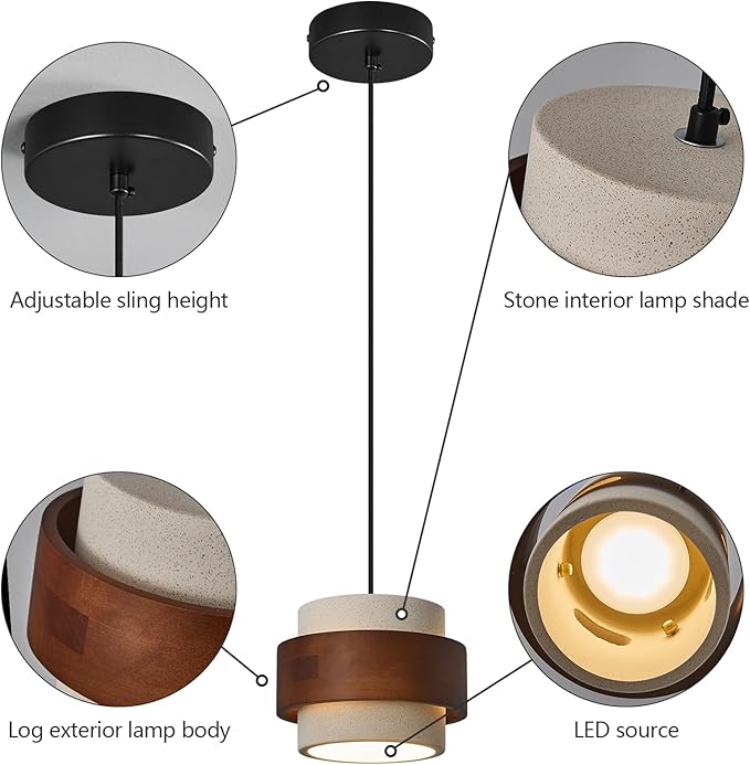 Modern Cement Pendant Light Fixture,Concrete Pendant Lights with Wood Accent,Vintage Farmhouse Chandelier for Kitchen Island Dining Room Living Room Bedroom Restaurant Cafe(White 2-Pack)
