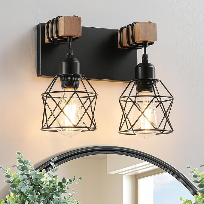 Farmhouse Vanity Light Fixture,2-Light Bathroom Lighting,Black Industrial Wood Wall Light Over Mirror with Metal Shade