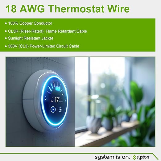 Syston 18/4 Thermostat Doorbell HVAC Heating Control Cable Wire, 18 AWG 4 Conductors 100% Solid Copper Conductors CL3R/FT4/CMR Riser-Rated, UV Resistant RoHS for Low Voltage Applications Use