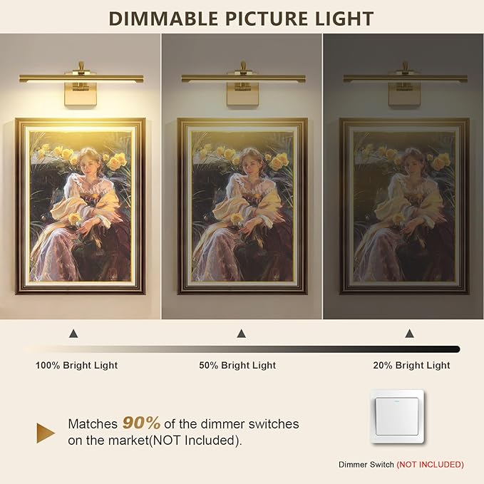 DESOOP Brass Picture Lights for Wall Hard-Wired LED Picture Lighting Dimmable Art Light Gallery Lighting for Wall Portraits Artwork 15.75 inch 7W Warm White
