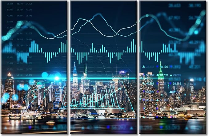 TUMOVO New York City Skyline Background Forex Graph Hologram Canvas Paintings Wall Art for Living Room 3 Piece Artwork Wall Decor Living Room Print on Canvas Framed Ready to Hang (60" Wx40 H)