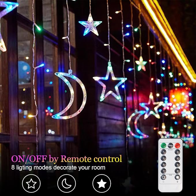Star Moon Curtain Lights 11.5ft Remote Control LED Fairy Light Strings, 8 Flashing Modes Waterproof Decorative Lights for Garden, Christmas, Wedding, Party, Bedroom Decorations(Multicolored)