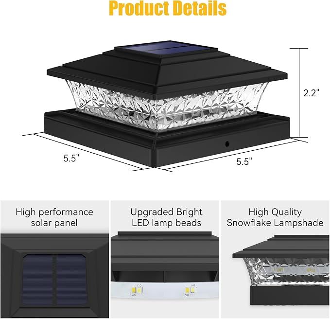 APONUO Solar Post Lights Outdoor, 2 Lighting Modes 16 LEDs Solar Post Cap Lights for 4x4 5x5 6x6 Vinyl Wooden Posts Waterproof Fence Post Lights Solar Powered for Deck/Fence/Porch (Black,12 Pack)