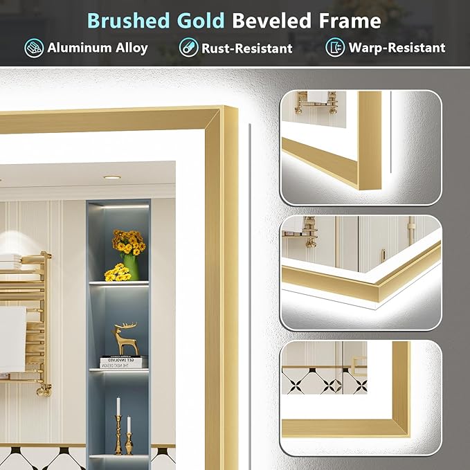 77x36 Gold Beveled LED Bathroom Mirror with Lights, Brushed Gold Framed Backlit and Front Lit Anti-Fog Lighted Vanity Mirrors for Bathroom Wall, Dimmable, 3 Colors, Memory, HD Tempered Glass