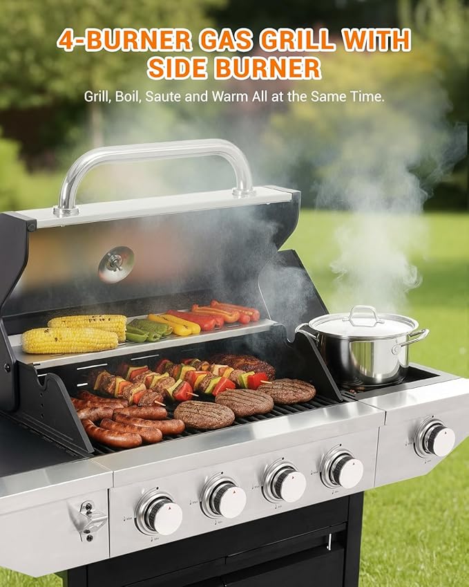 4-Burner Propane Gas BBQ Grill with Side Burner, 46,500 BTU Output Stainless Steel Barbecue Grill with Enameled Cast Iron Grates and Side Tables for Outdoor Cooking Kitchen and Patio Backyard